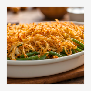 green bean casserole served on a white baking dish