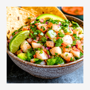 shrimp ceviche served in a ceramic bowl with tortilla chip